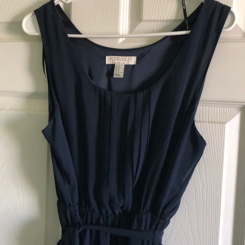 Navy floor length lined belted dress gathered top